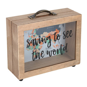 ##Saving to see the world MDF Frame Money box with Glass Window