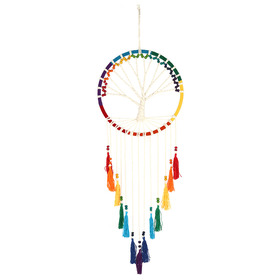 ##Rainbow Beaded String Tree of Life Dreamcatcher with Feathers