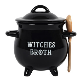 ##Witches Broth Ceramic Cauldron Soup Bowl with Broom Spoon