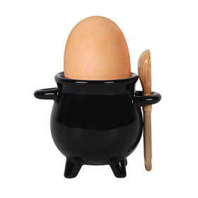 ##Cauldron Egg Cup Ceramic with Broom Spoon