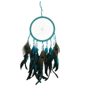 ##Turquoise Cotton Dreamcatcher with Peacock Feathers